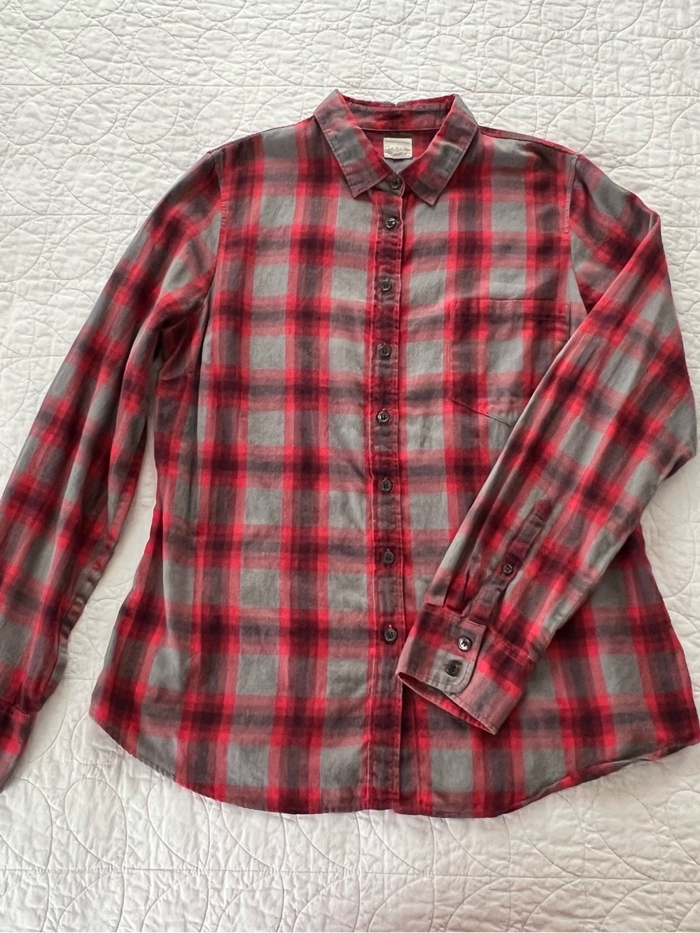 J. Crew Red & Gray Plaid Button-Down Cotton Flannel Shirt Cabincore  Classic